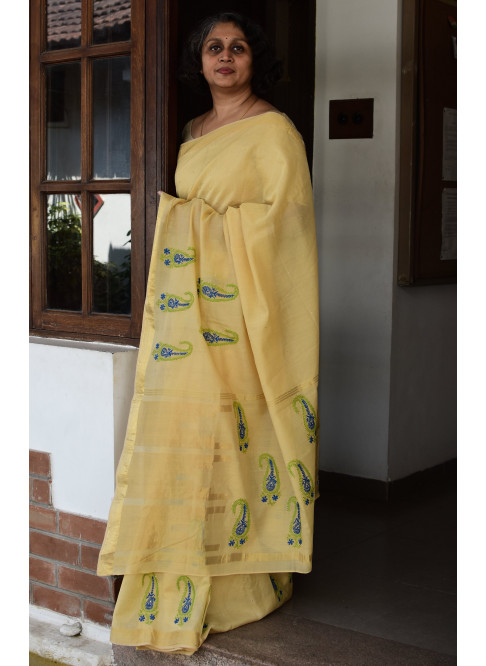 Yellow,Handwoven Organic Cotton, Plain Weave , Hand Embroidery, Occasion Wear, Jari, Chikankari Saree